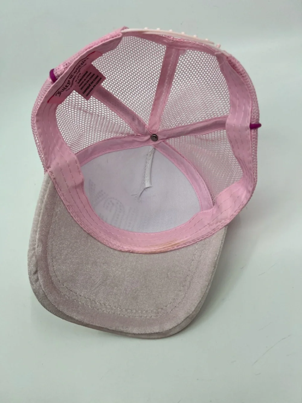 Juicy Couture Kid’s Baseball Cap Pink Velour with Jeweled Logo Trucker Mesh
